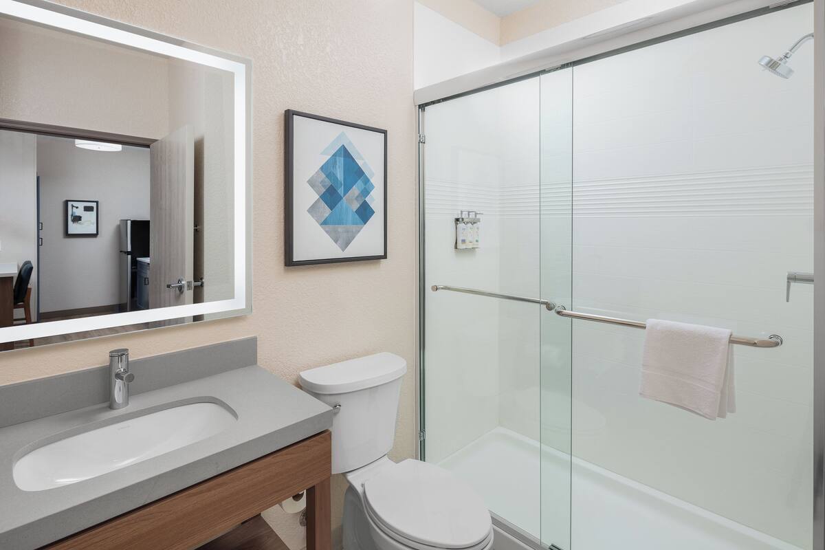 combined shower/bathtub, free toiletries, hair dryer, towels