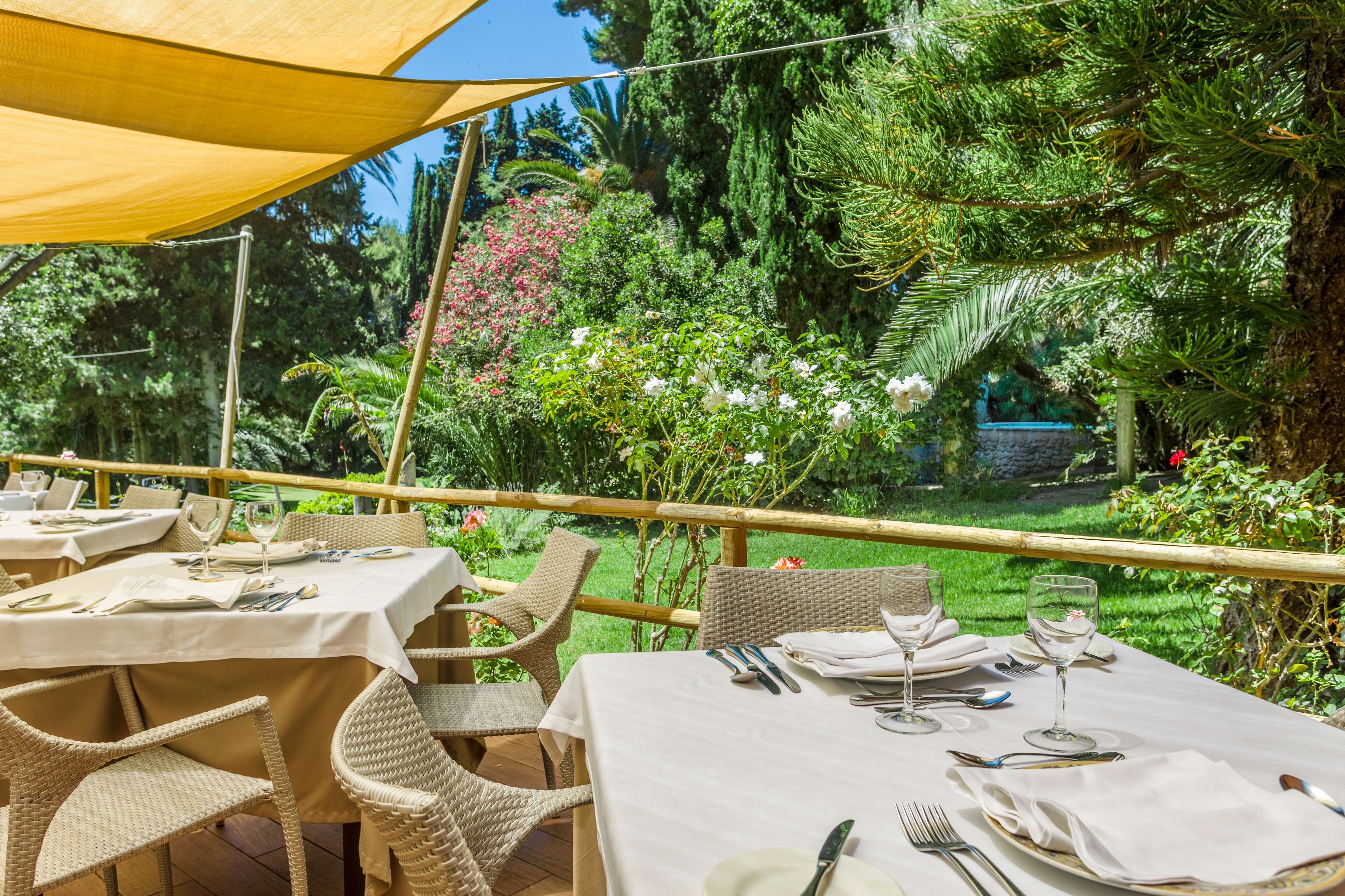 Un área de comedor al aire libre con mesas preparadas para dos personas, rodeada de abundante vegetación y una valla de bambú.