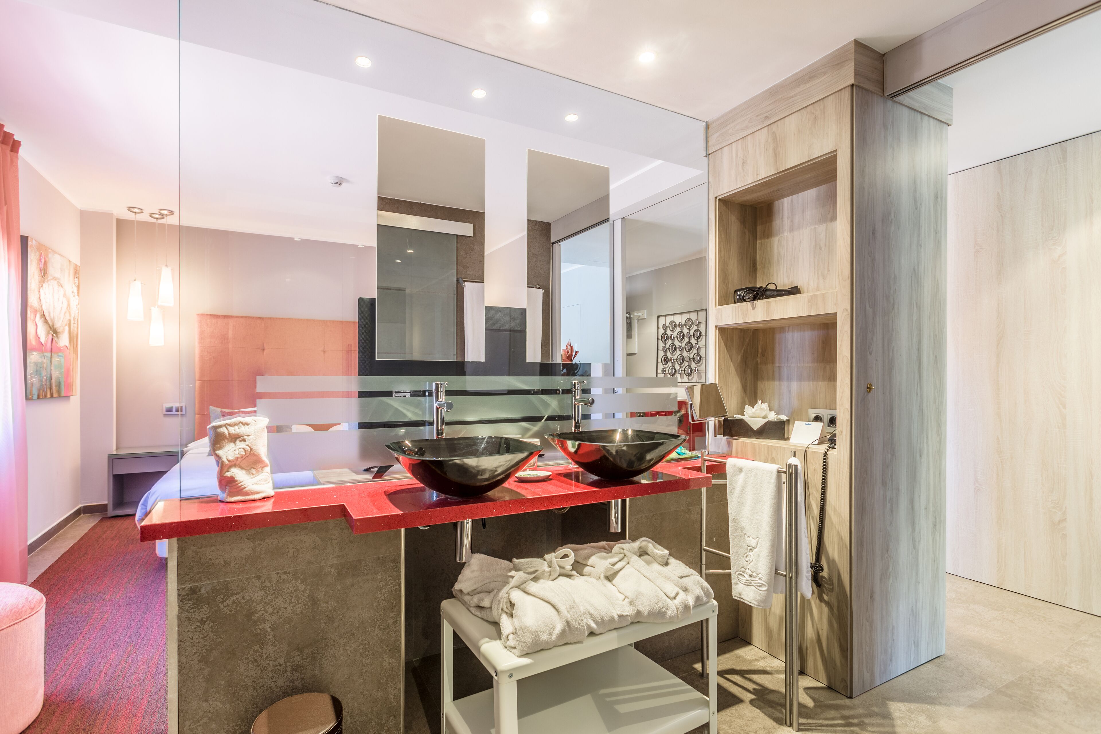 combined shower/bathtub, free toiletries, hair dryer, bathrobes