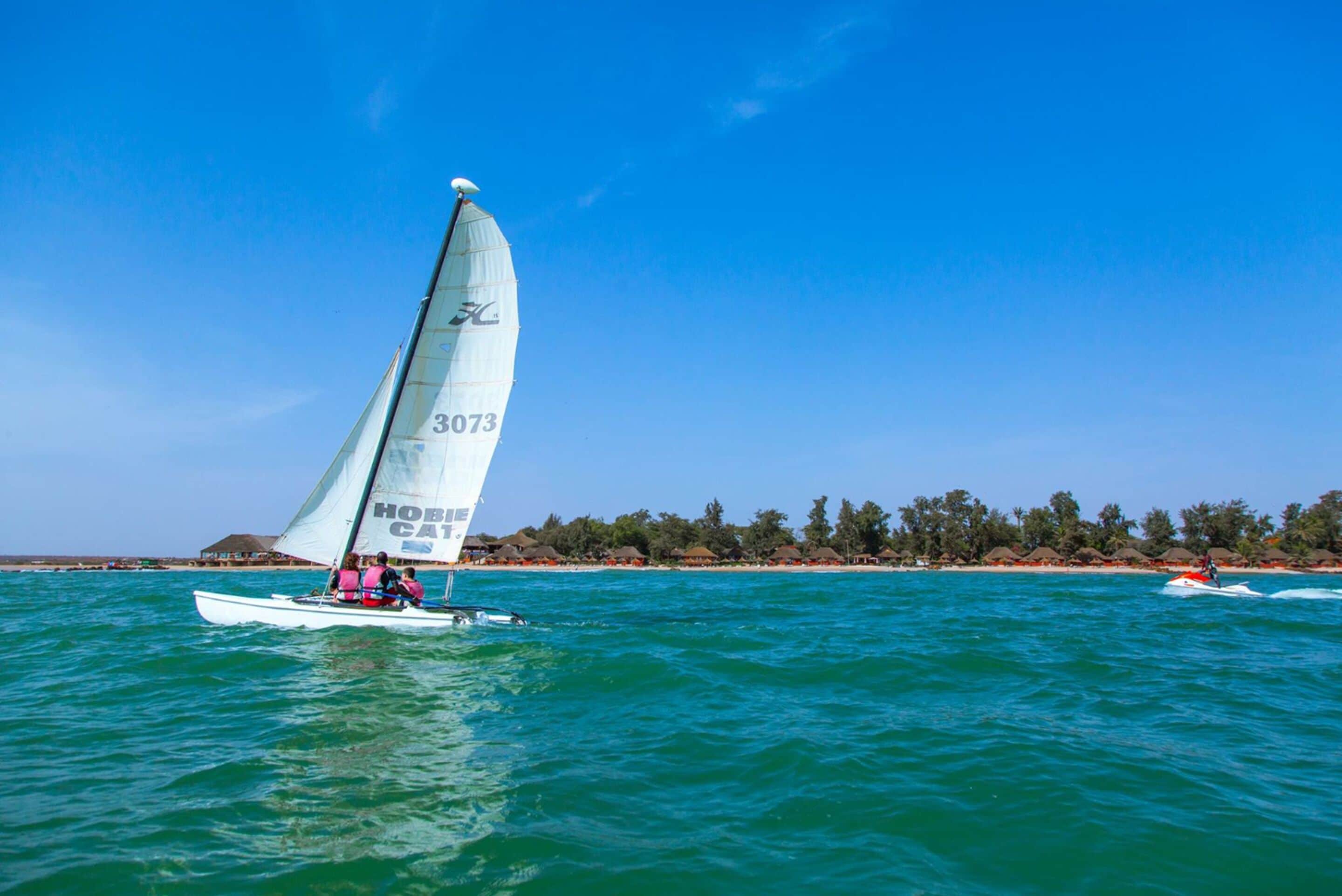 A sailboat with the number 3073 on its sail, sailing on turquoise waters with a beach and palm trees in the background.