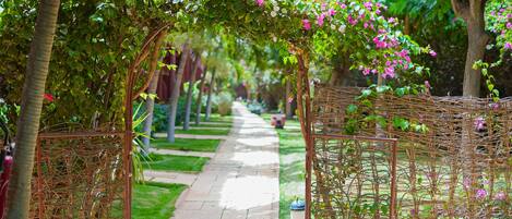 A pathway lined with lush greenery and flowering plants, leading through a garden area with a woven fence structure.