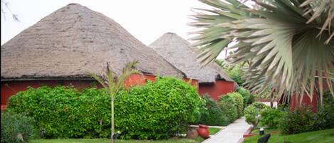 A pathway leading to thatched-roof buildings surrounded by lush greenery and a palm tree.