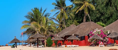 Plage, chaises longues, parasols, serviettes de plage