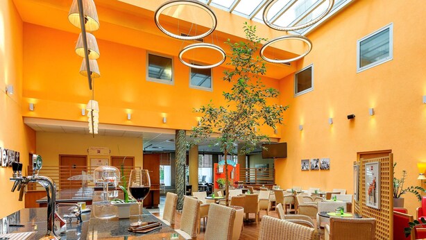 A bright, modern hotel lobby with a high ceiling, glass panels, and a central tree. - ibis Wien City (Vienna)
