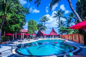 Indoor pool, outdoor pool, pool umbrellas, sun loungers