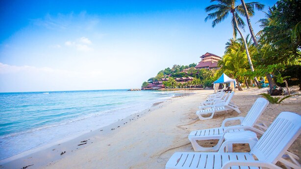 A beach with white lounge chairs lined up on the sand, a clear blue sky, and a building with a red roof in the background. - Long Bay Resort (Ko Pha-ngan)