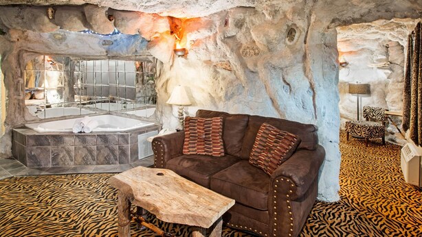 Una habitación con pared de piedra, un sofá de cuero marrón, una mesa de centro de madera, una bañera grande y una alfombra con estampado de tigre.