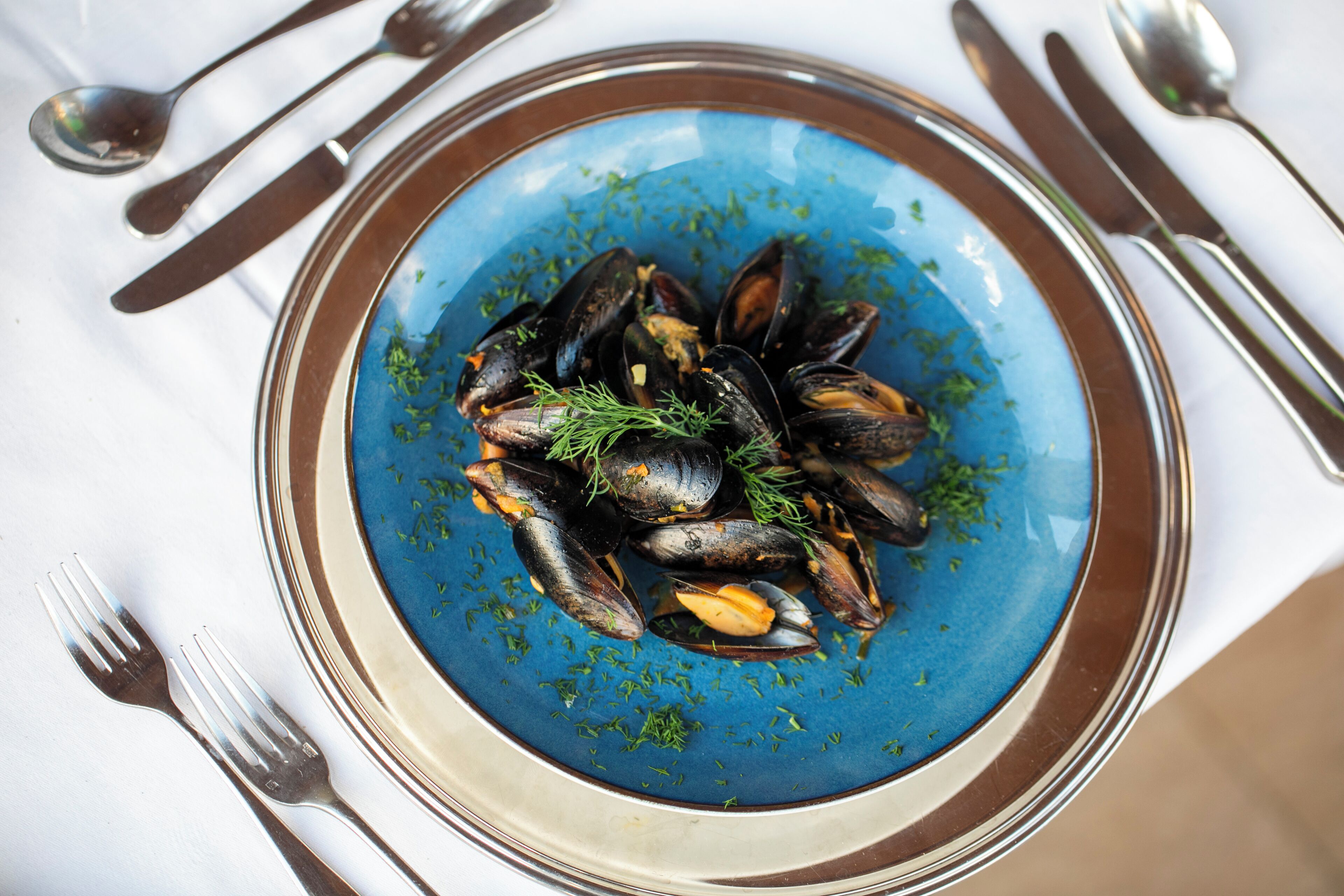 A plate of mussels garnished with herbs.
