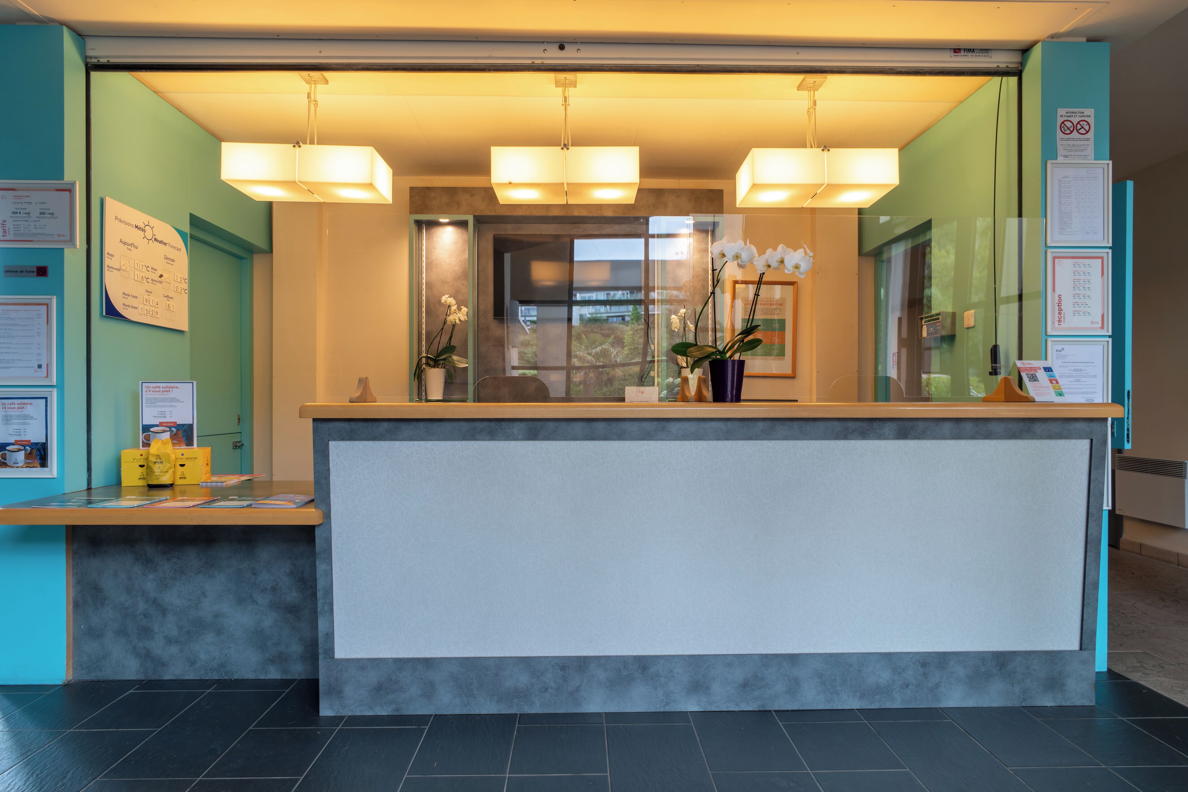 A reception desk with a counter, two pendant lights, and a potted orchid.