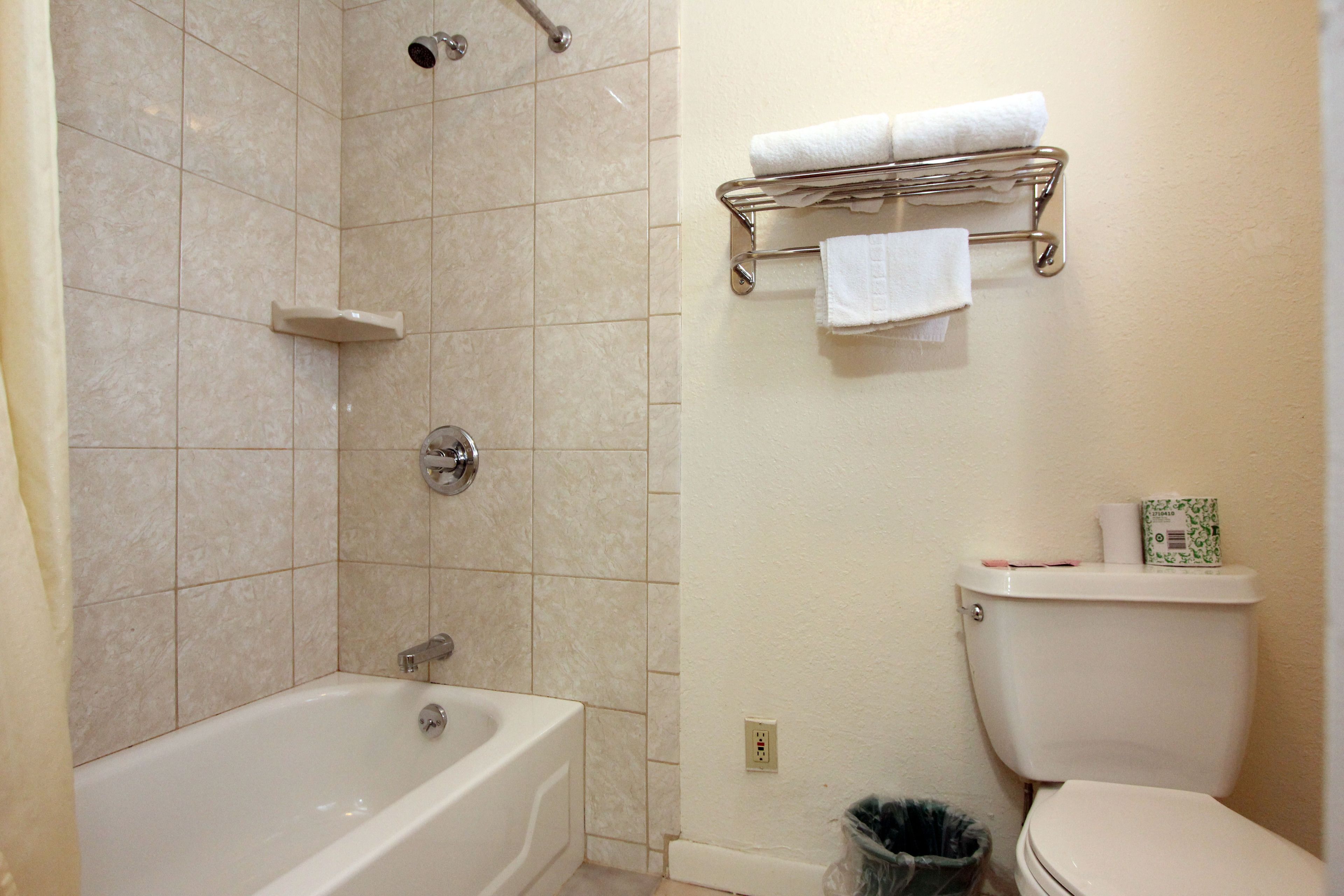 Een badkamer met een bad, douche, toilet en een handdoekhouder.