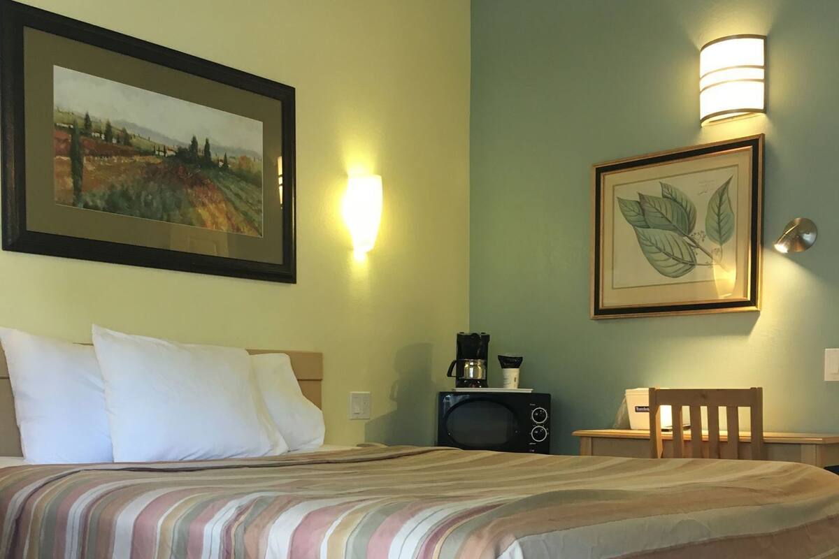 A hotel room with a bed, a framed landscape painting, a wall-mounted lamp, a framed botanical illustration, and a microwave.