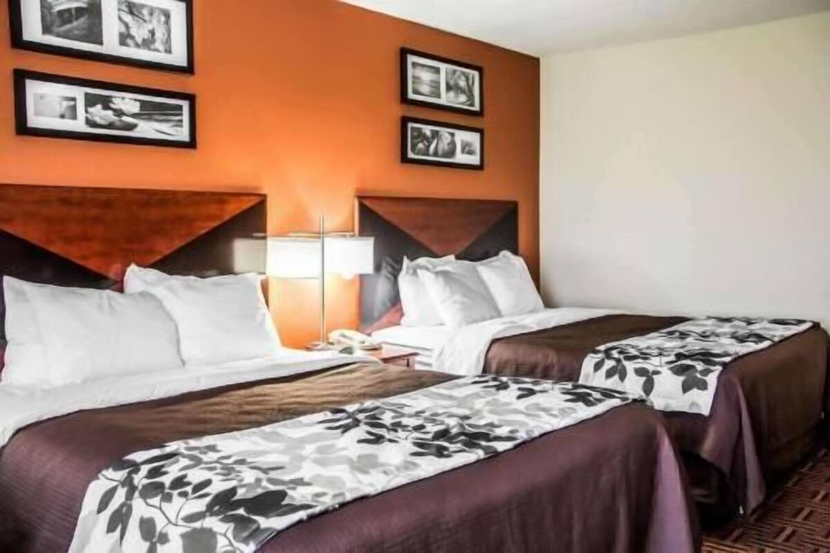 Ein Hotelzimmer mit zwei Betten, einem Nachttisch, einer Lampe und gerahmten Bildern an der Wand.