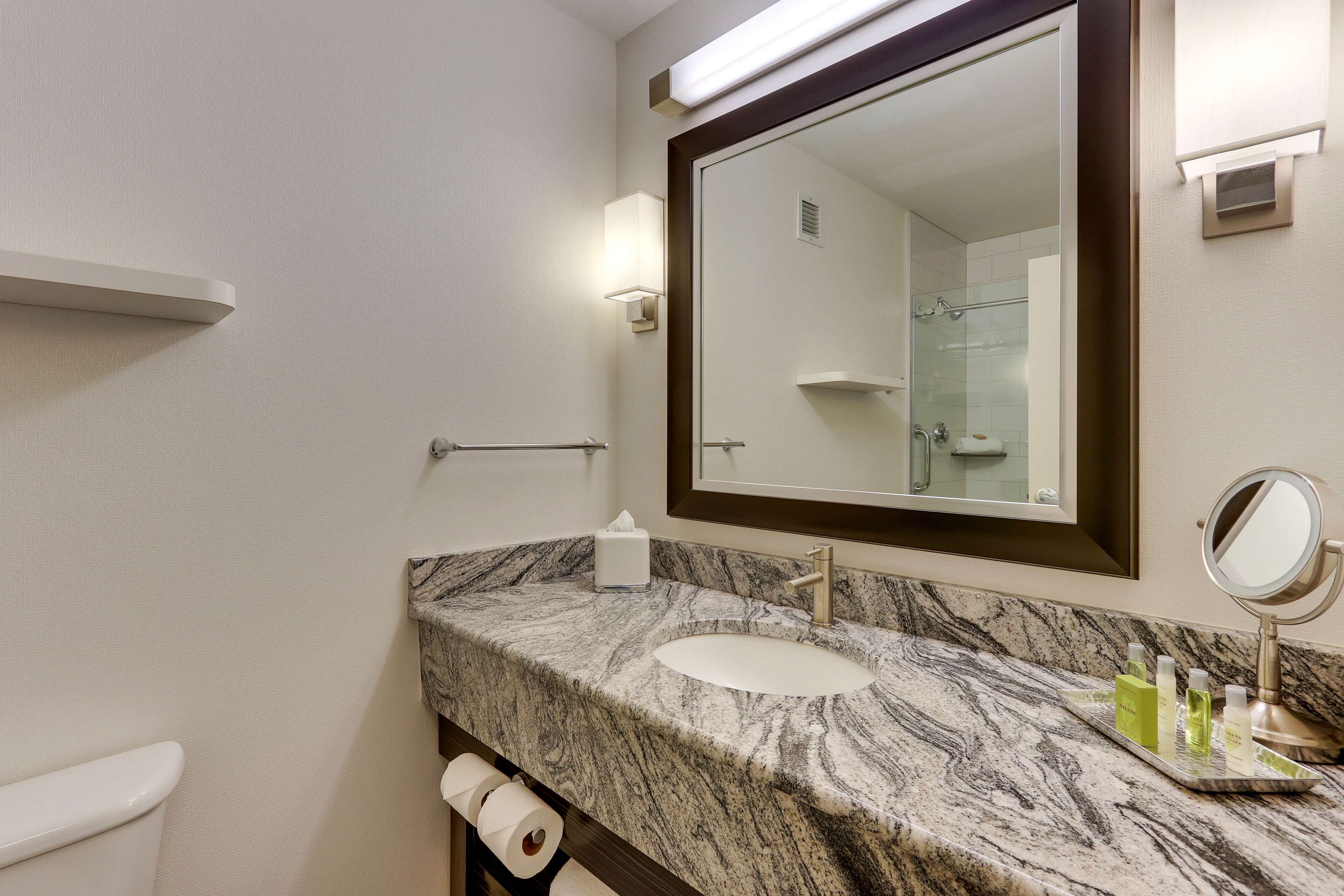 combined shower/bathtub, free toiletries, hair dryer, towels