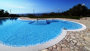 Une piscine dotée d’une terrasse en pierre et offrant une vue sur l’océan.