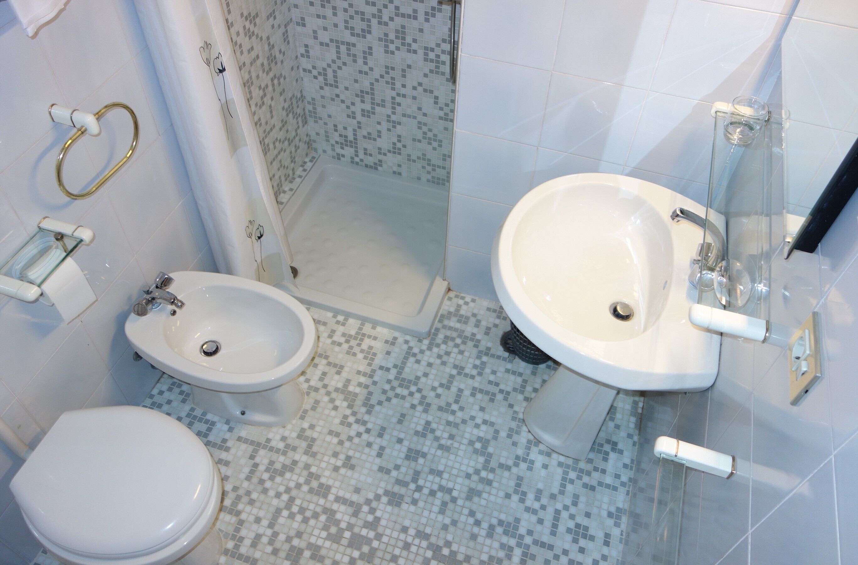 hair dryer, bathrobes, bidet, towels