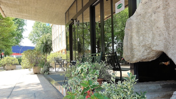 Un área de estar al aire libre con plantas en macetas y una estructura de piedra.