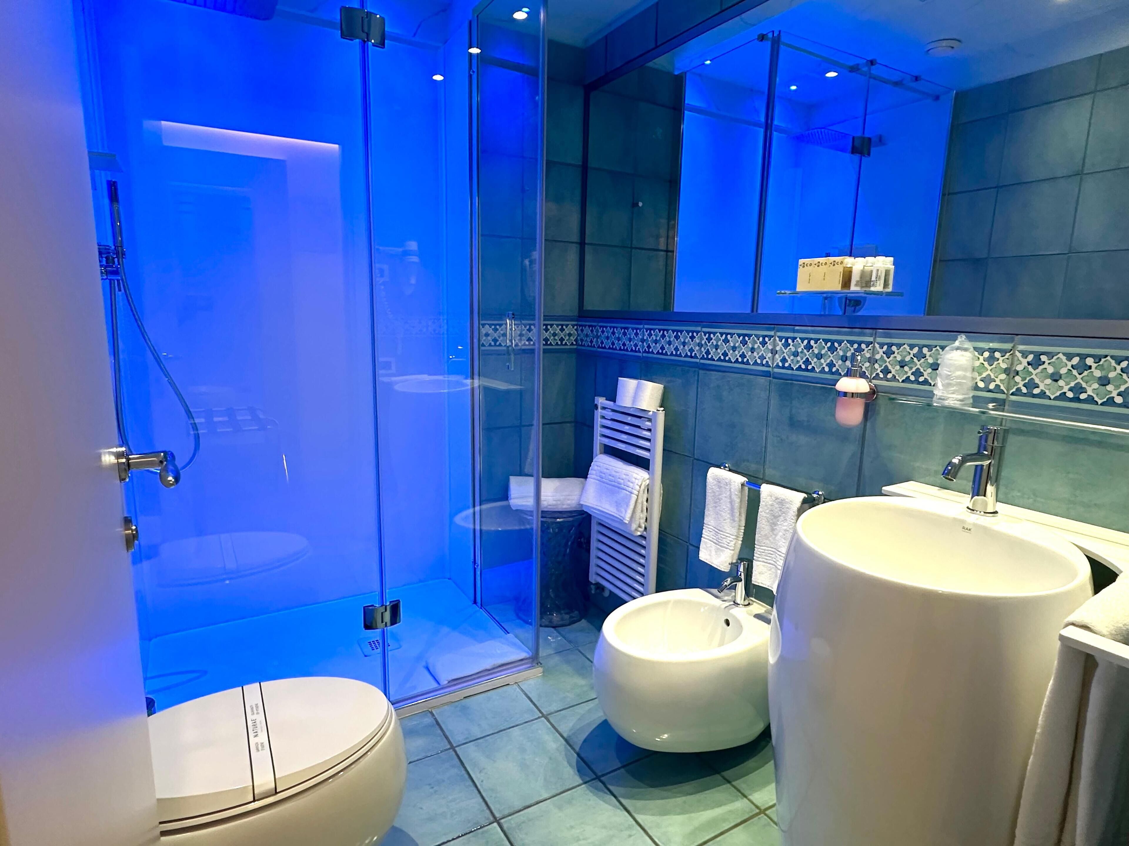 Une salle de bain moderne dotée d’une douche à parois de verre, d’un bidet et d’un grand lavabo.