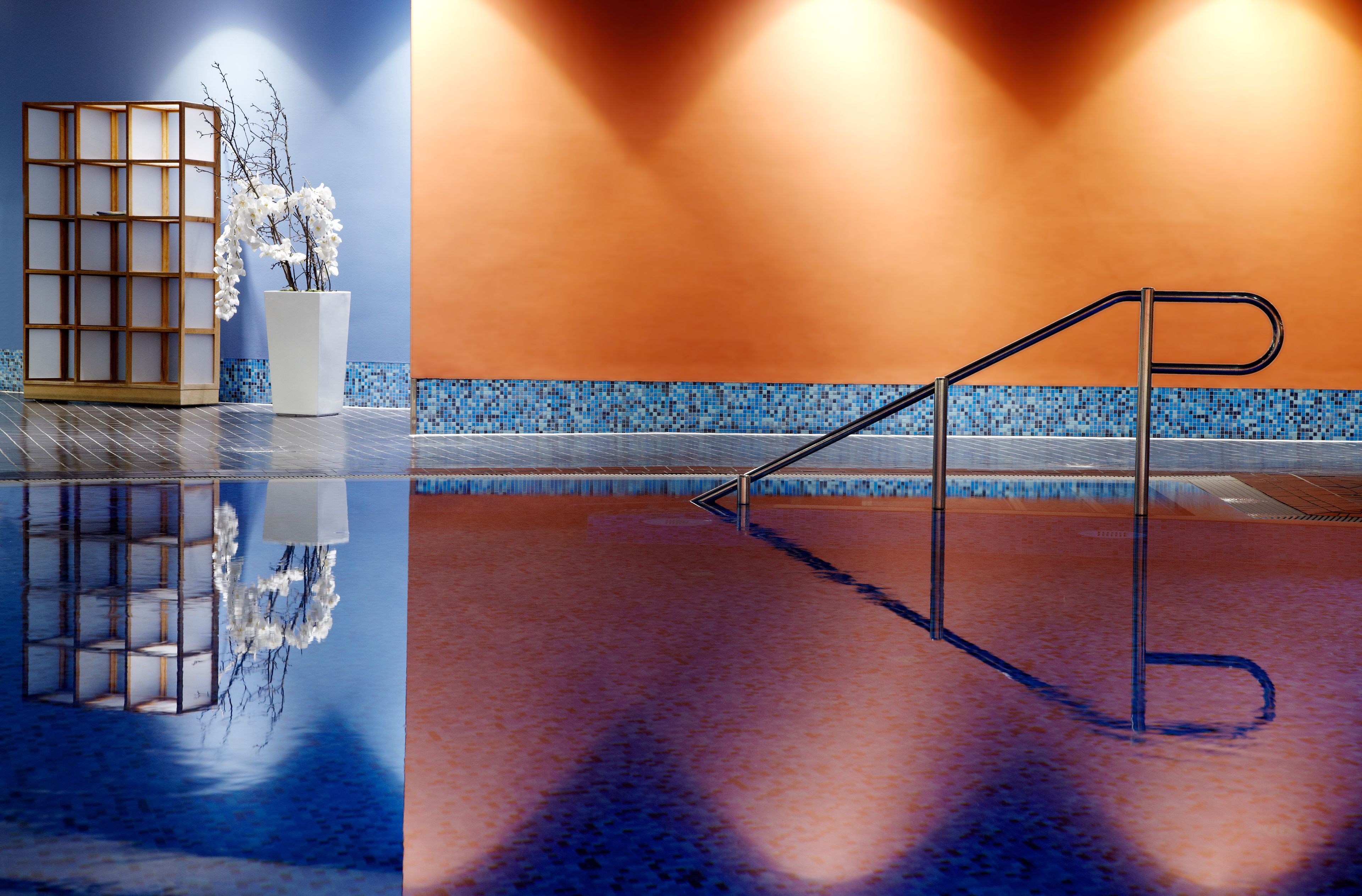 Ein Schwimmbecken mit einer Metallleiter, ein weißer Kübel mit weißen Blüten und eine Holzkonstruktion mit Glastisch.