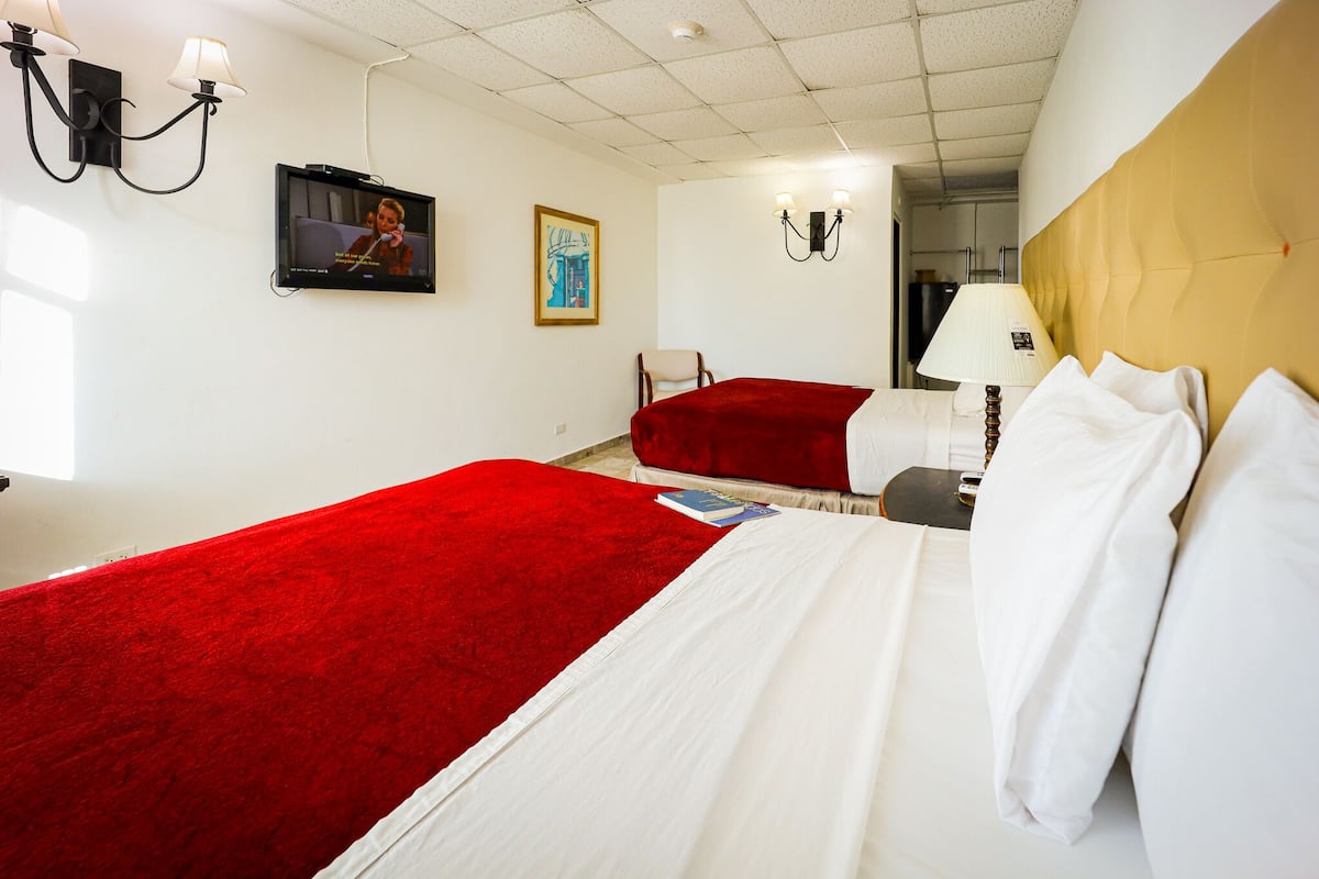 Habitación de hotel con una cama grande, una cama más pequeña, un televisor, una silla y un cuadro en la pared.