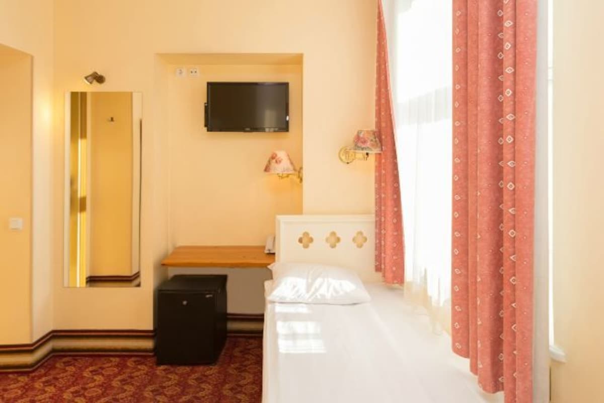 A hotel room with a bed, a desk, a television, and a mirror.