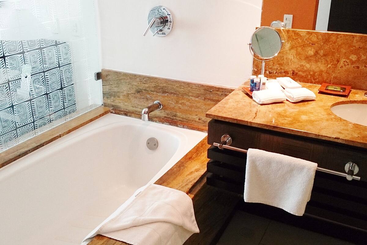 combined shower/bathtub, free toiletries, hair dryer, towels