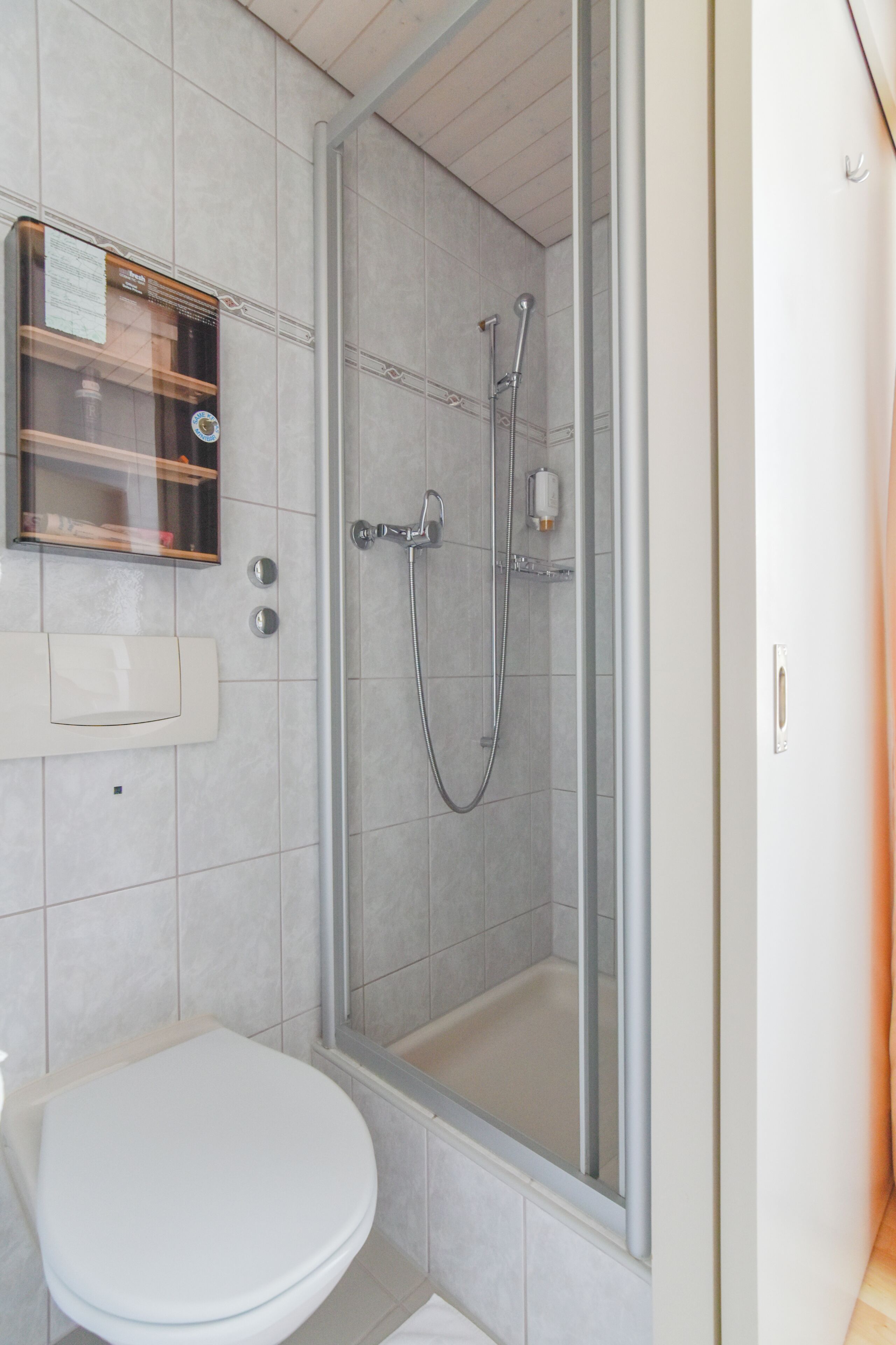 A modern bathroom with a glass-enclosed shower, a white toilet, and a built-in shelf with toiletries.