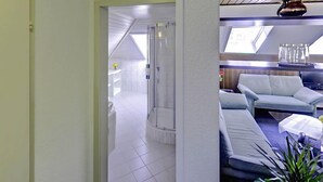 Un intérieur moderne comprenant un espace de vie avec un canapé et un téléviseur, une salle de bain avec douche et une lucarne au-dessus du canapé.