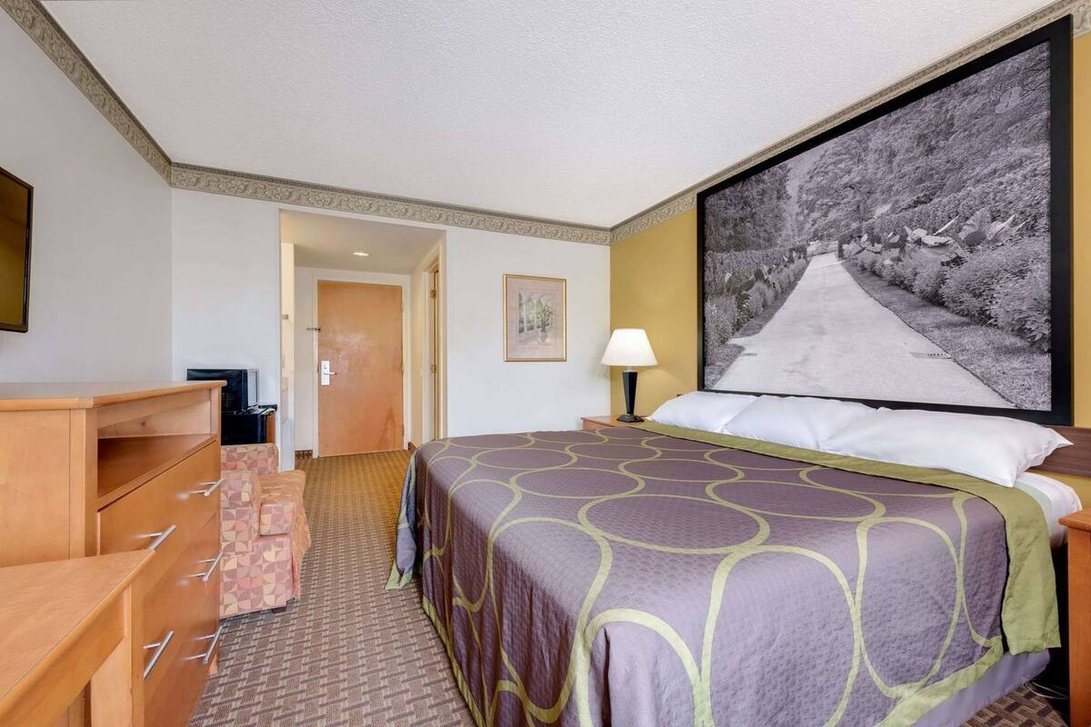 Une chambre d’hôtel avec un lit, un bureau, une chaise, une lampe et un grand tableau encadré au mur.