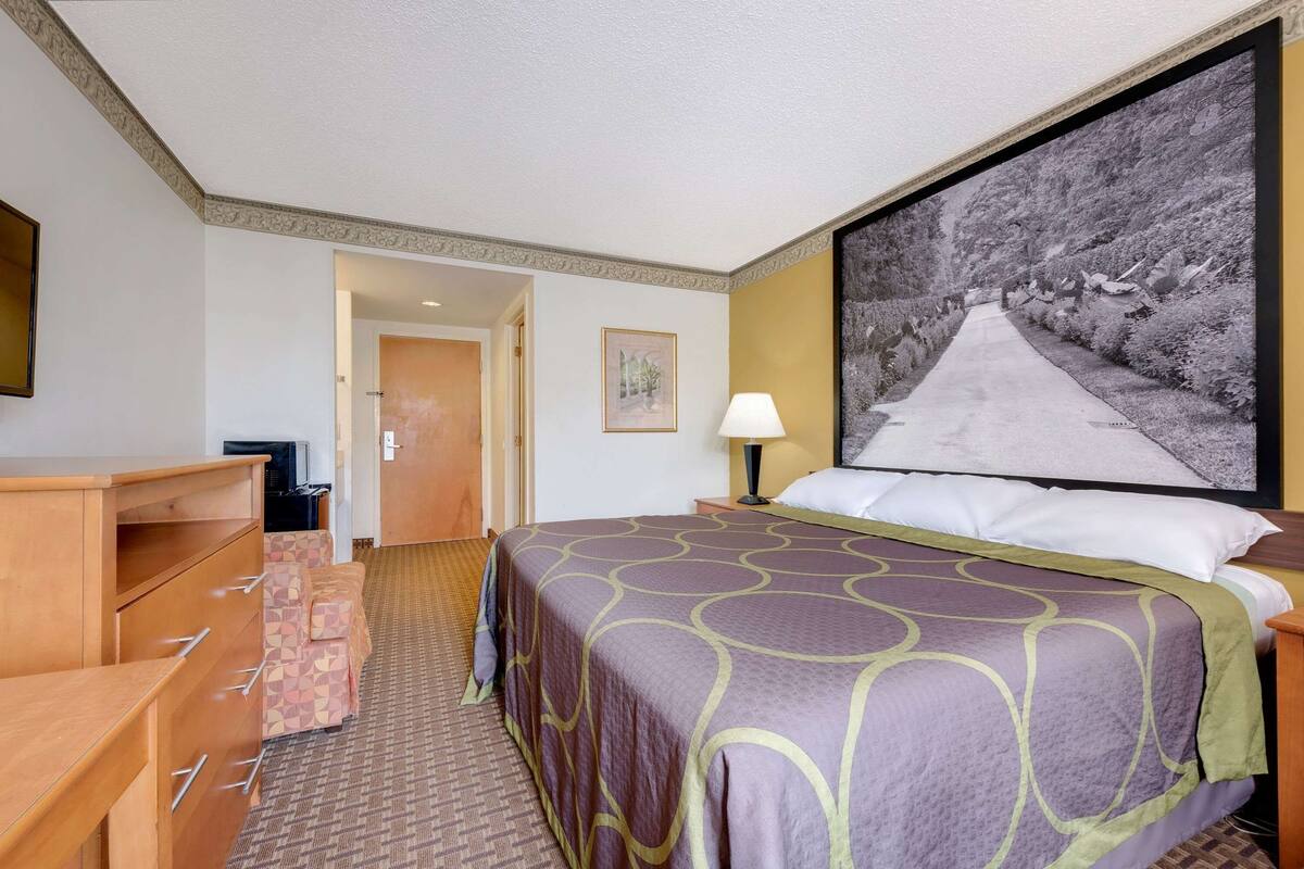 Une chambre d’hôtel avec un grand lit, un bureau, une chaise, une lampe et un tableau représentant une route.