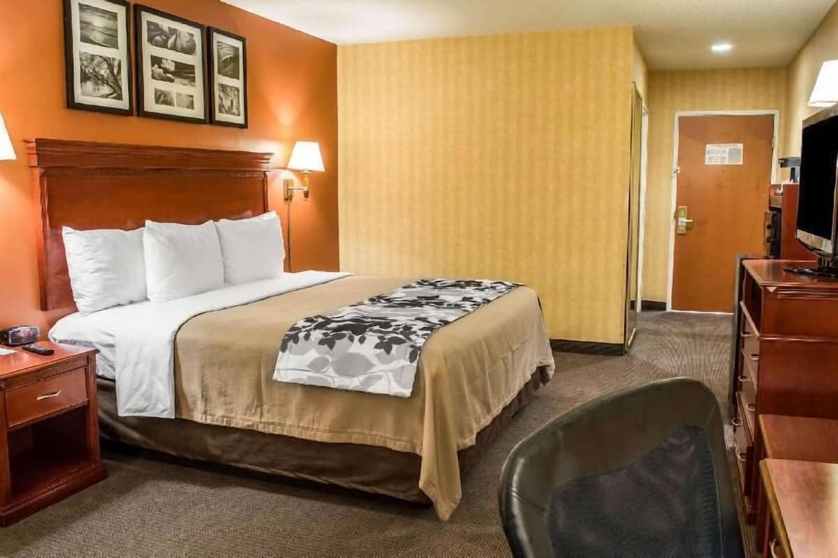 Ett hotellrum med en säng, sänglampor, ett skrivbord, en stol och en tv.