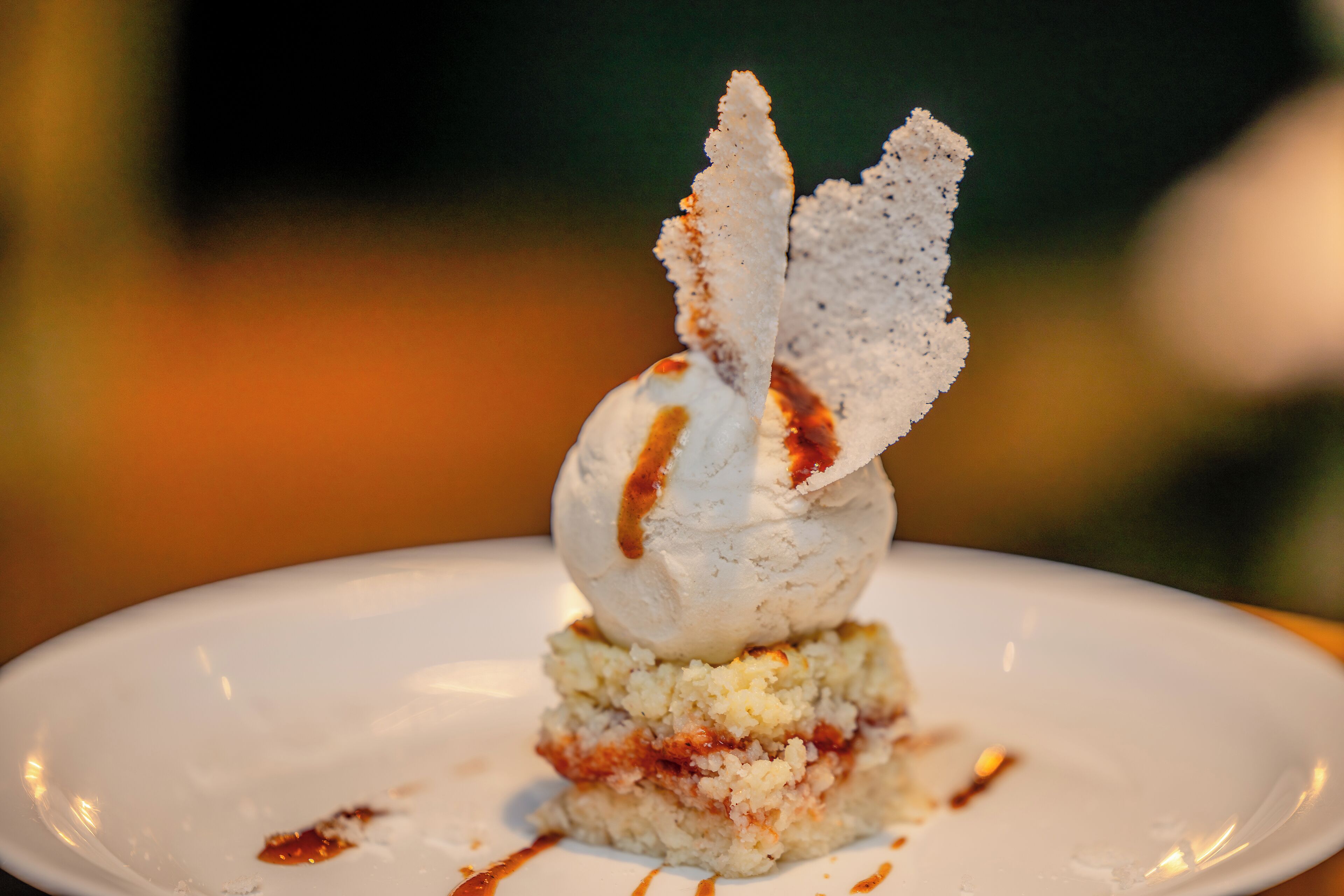 A dessert on a white plate with a caramel drizzle.