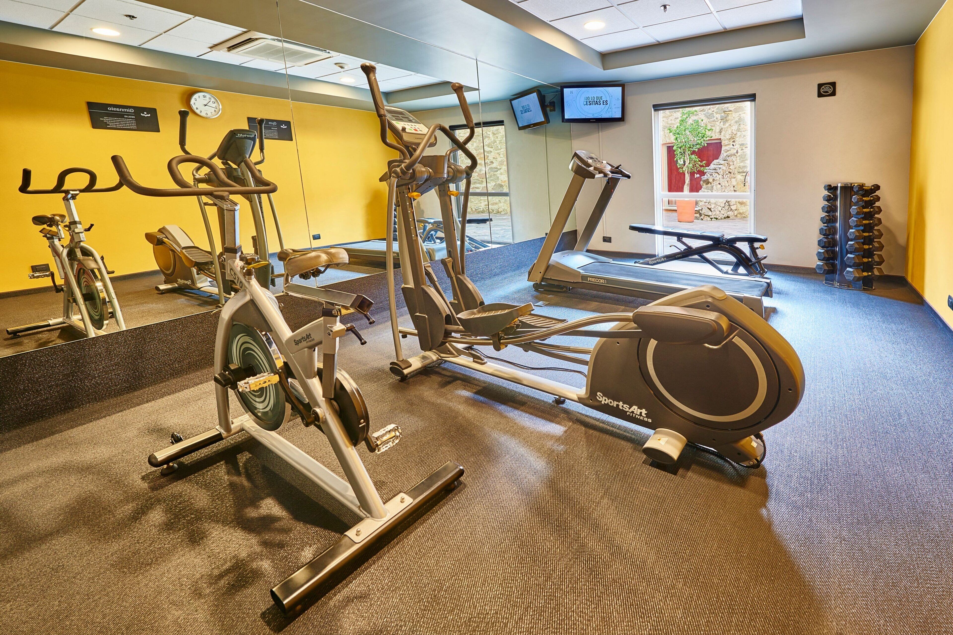 Un gimnasio con máquinas de cardio, pesas y una pantalla de televisión.