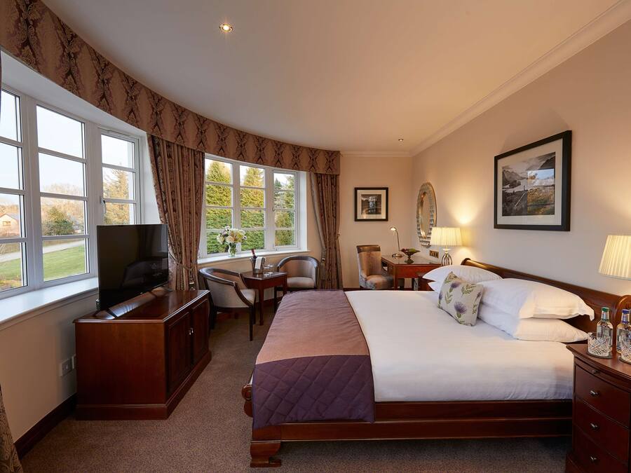 A hotel room with a large bed, a desk, a television, and a view of the outdoors through the windows.