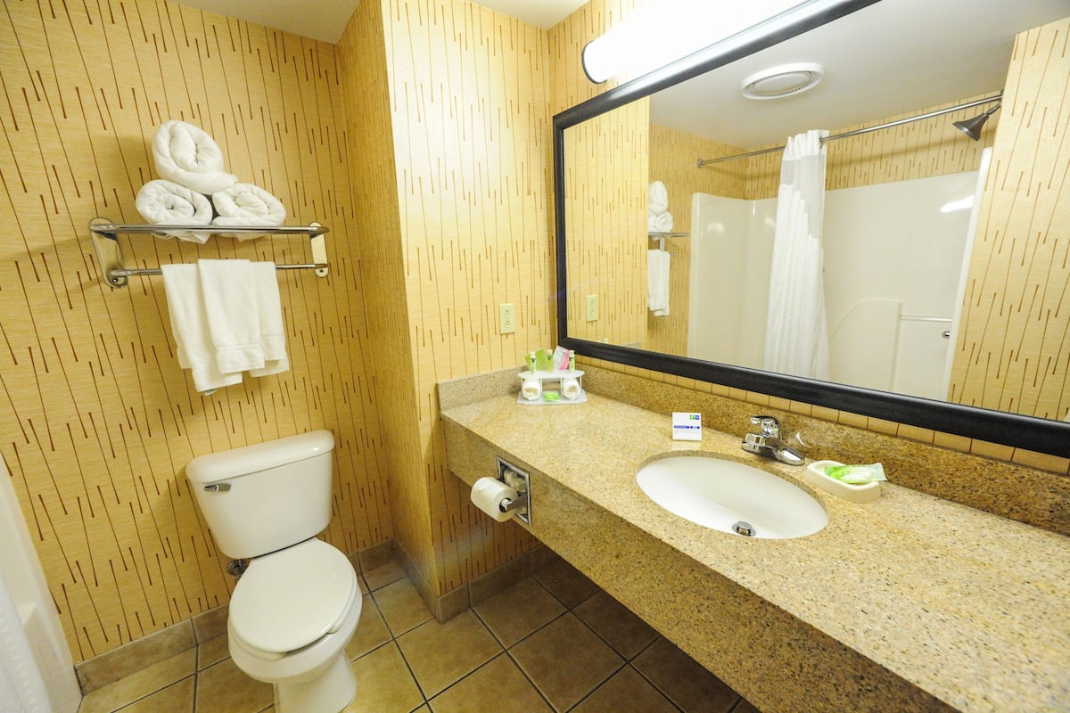 A bathroom with a toilet, sink, mirror, towel rack, and shower curtain.