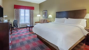 Desk, laptop workspace, blackout drapes, iron/ironing board