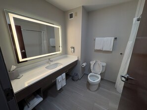 A modern bathroom with a large mirror, a sink, a toilet, and a shower curtain. - Holiday Inn Express Hotel & Suites Lafayette by IHG (Lafayette)