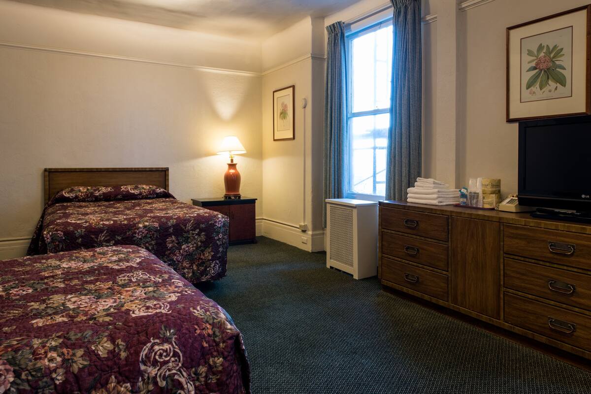 Une chambre d’hôtel avec deux lits, une commode, un radiateur, une lampe, une fenêtre avec des rideaux et un téléviseur.