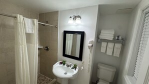 A bathroom with a pedestal sink, a toilet, a shower with a glass door, a towel rack, and a mirror. - District Hotel (Washington)