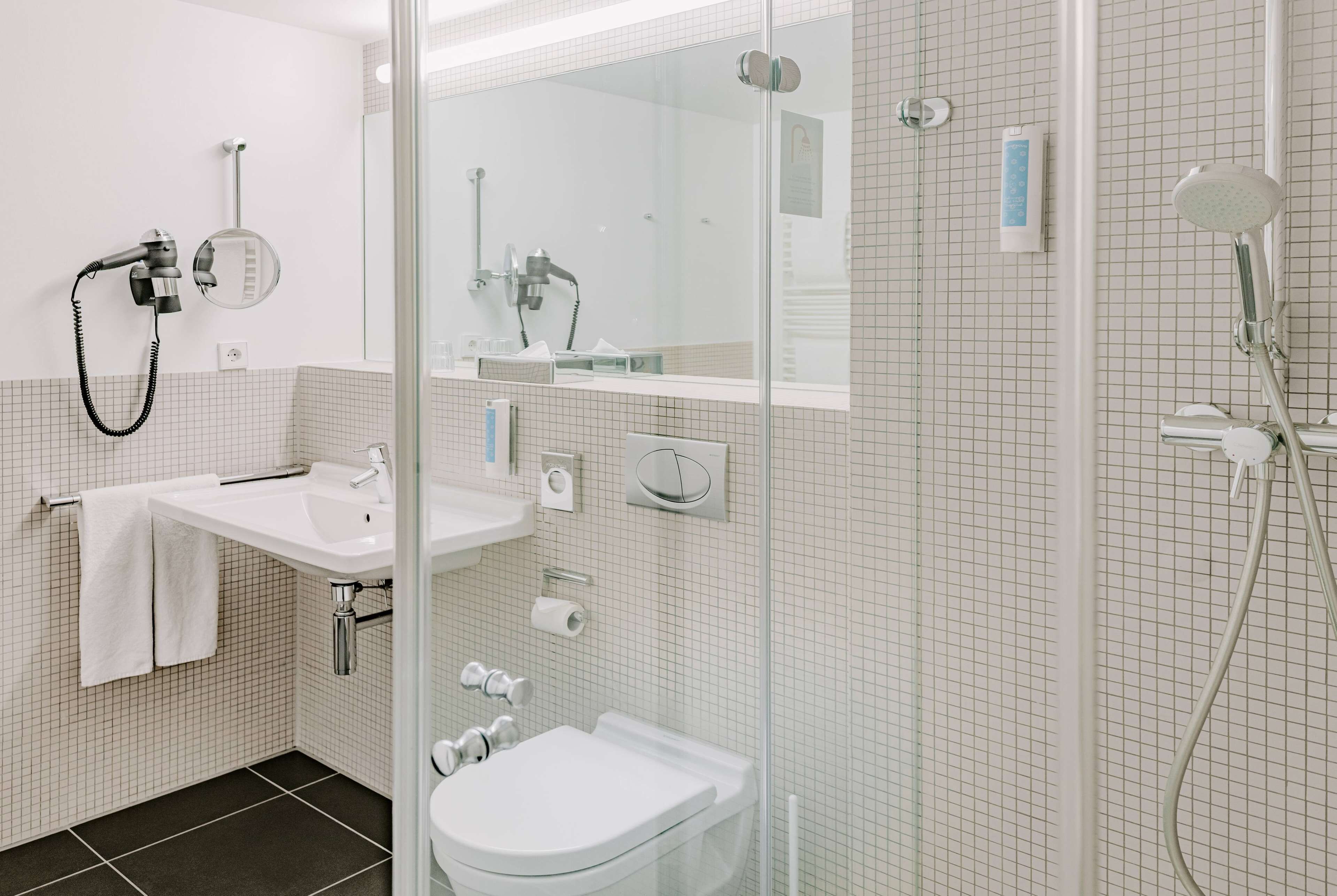 A modern bathroom with a glass shower enclosure, a white sink, and a toilet.