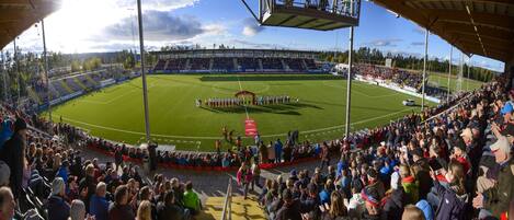 Un estadio con una multitud grande, un campo de fútbol y un cielo despejado.