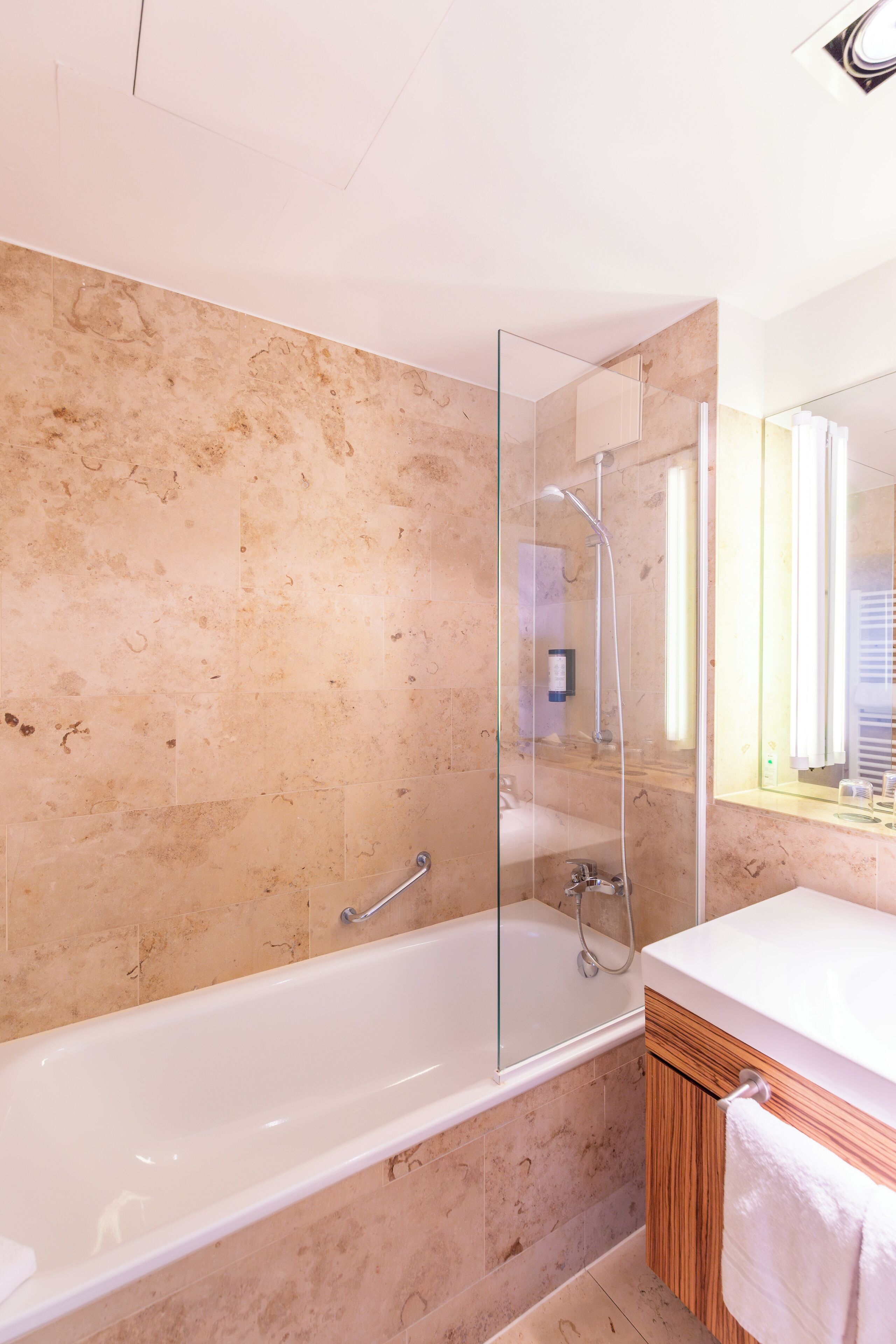 eco-friendly toiletries, hair dryer, towels, soap