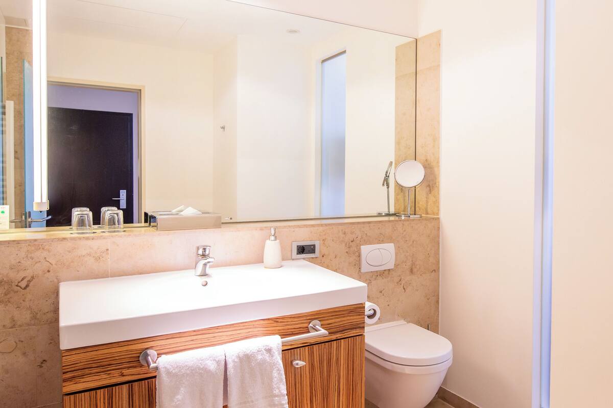 eco-friendly toiletries, hair dryer, towels, soap