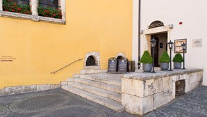 A building entrance with a yellow facade, a sign reading "EINGANG," and steps leading up to the door. There are potted plants and two black signs on the steps. - Hotel Regensburg Herzogshof am Dom (Regensburg)