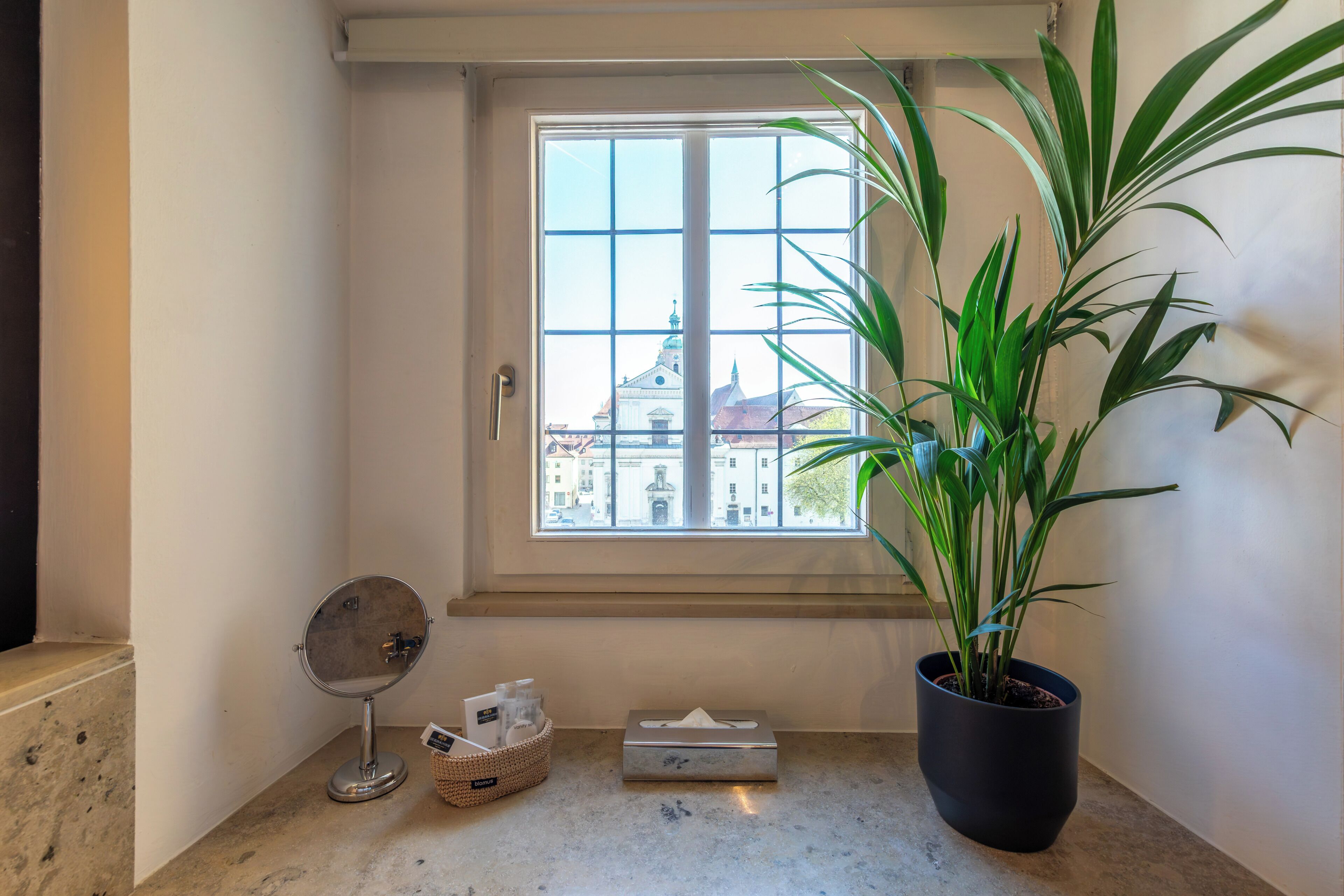 Ein Eckzimmer mit Fenster, Zimmerpflanze, Spiegel, Taschentuchbox und Korb.