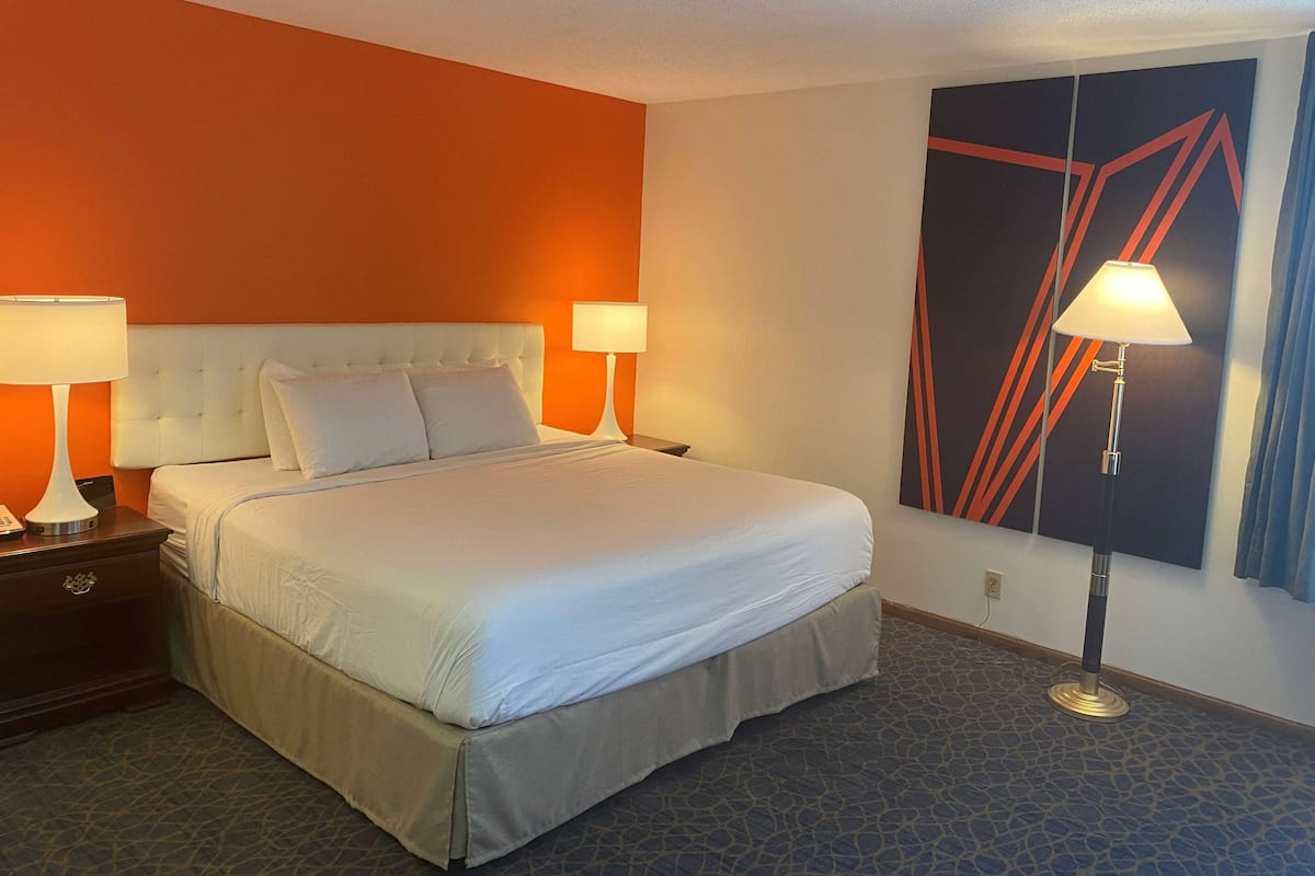 Een hotelkamer met een groot bed, twee nachtkastjes met lampen, een groot abstract schilderij aan de muur en een kamerbreed tapijt met een patroon.