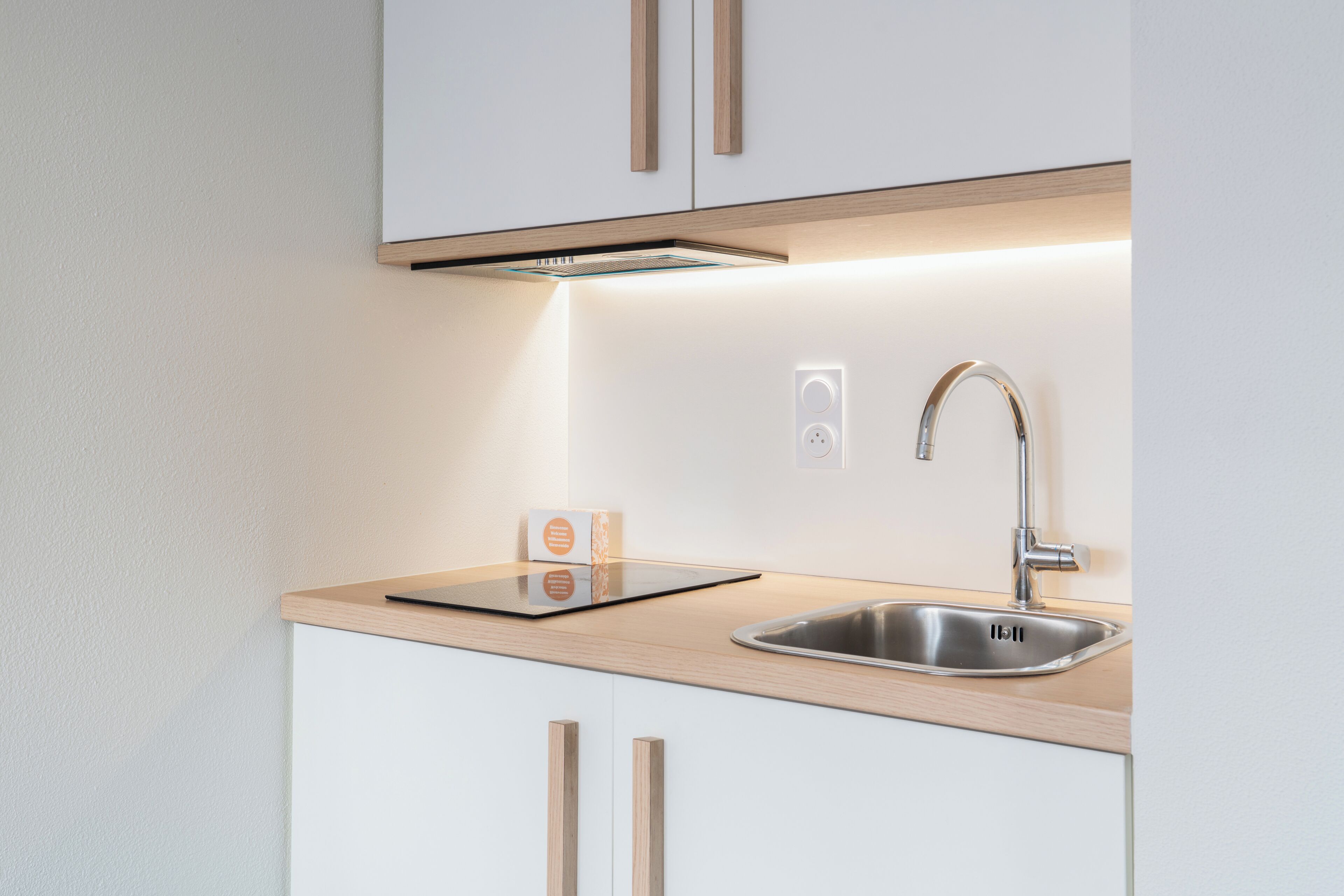 Una cocina moderna con un lavamanos de acero inoxidable, armarios de madera y una campana extractora integrada.
