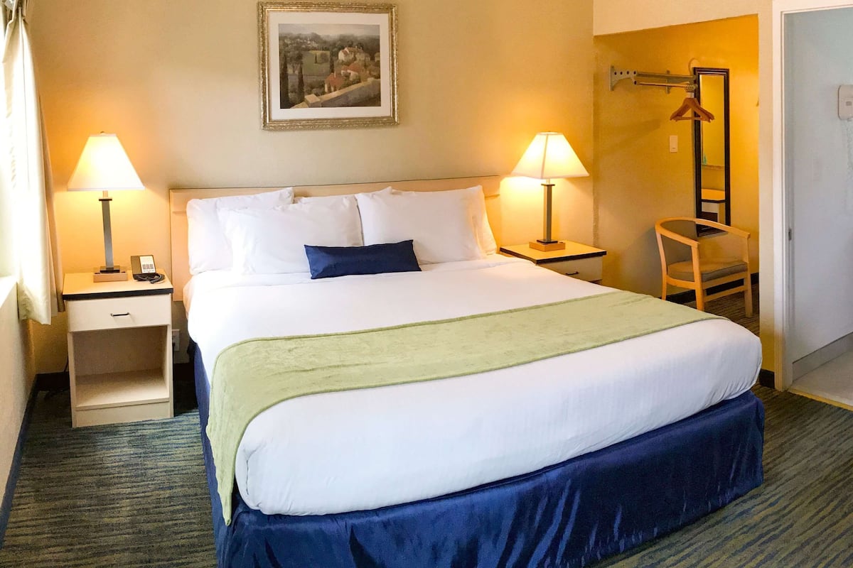 A hotel room with a bed, two bedside lamps, a nightstand, a chair, a mirror, and a painting on the wall.
