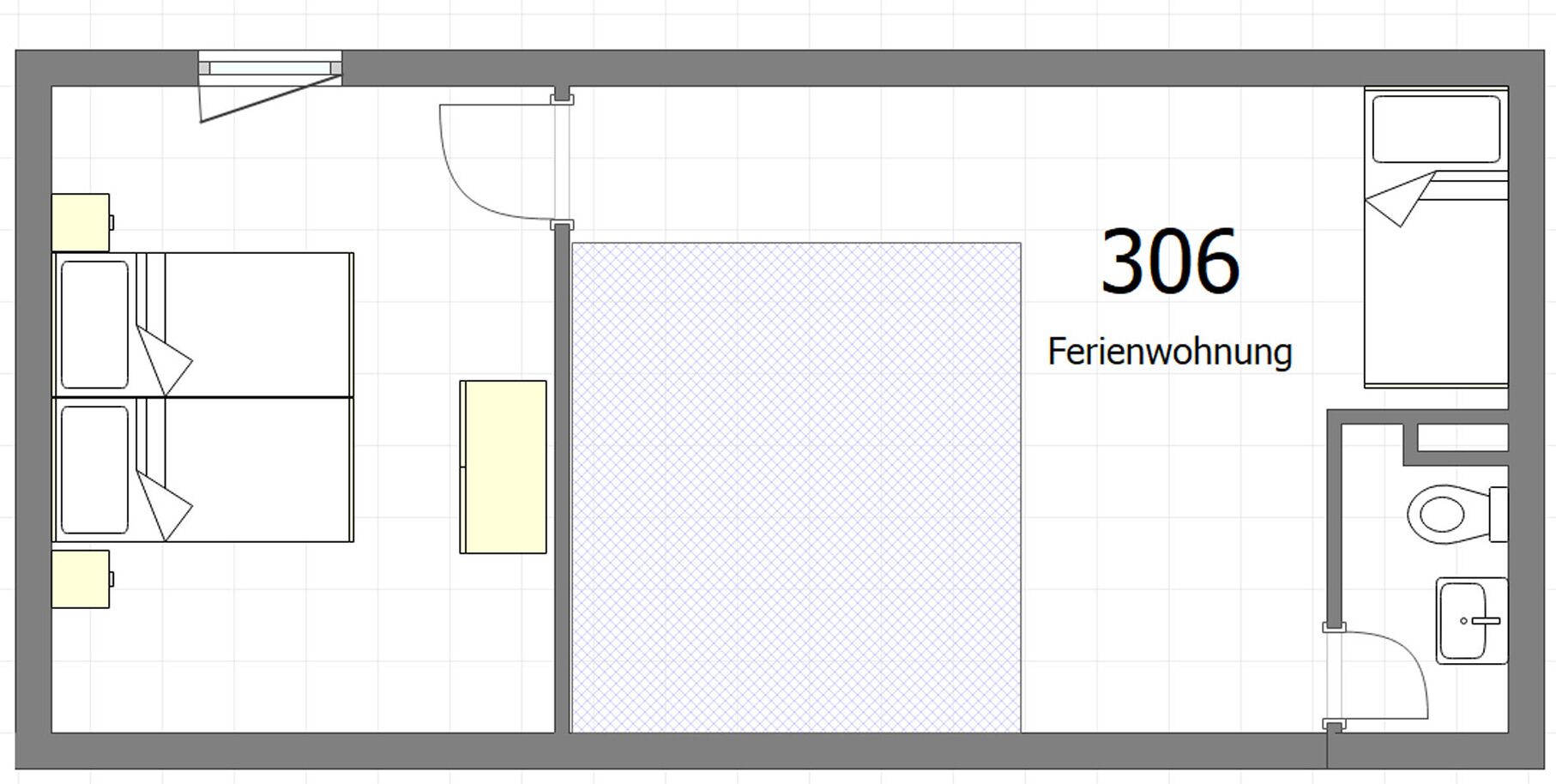 Un plan d’étage d’une pièce portant le numéro 306, comprenant un grand espace central, une salle de bain et un coin cuisine.