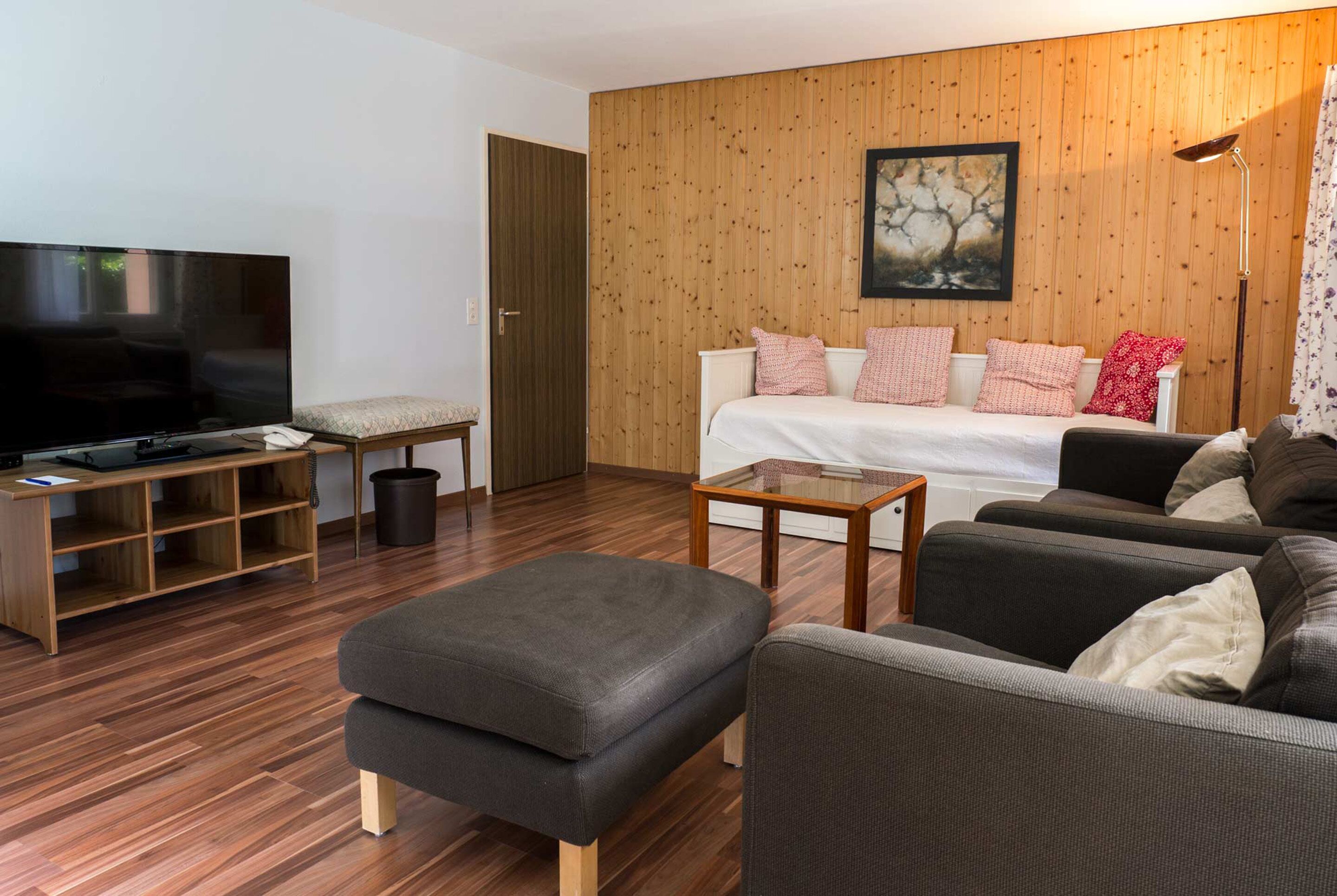 A modern living room with a flat-screen TV, a sofa, a coffee table, and a wooden wall panel.