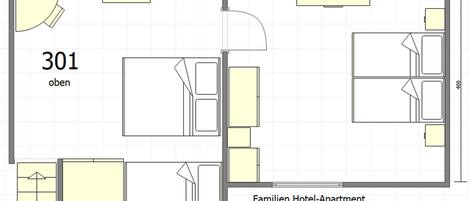Il s’agit d’un plan d’étage d’un appartement familial dans un hôtel, portant le numéro « 301 ». Il comprend un coin cuisine, un coin repas, un salon et deux chambres.